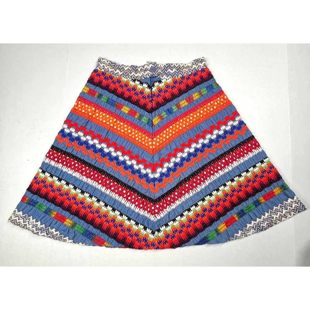 VTG Girls 14 Multi Color Chevron Embroidered Smocked ALine Skirt Ethnic Festival